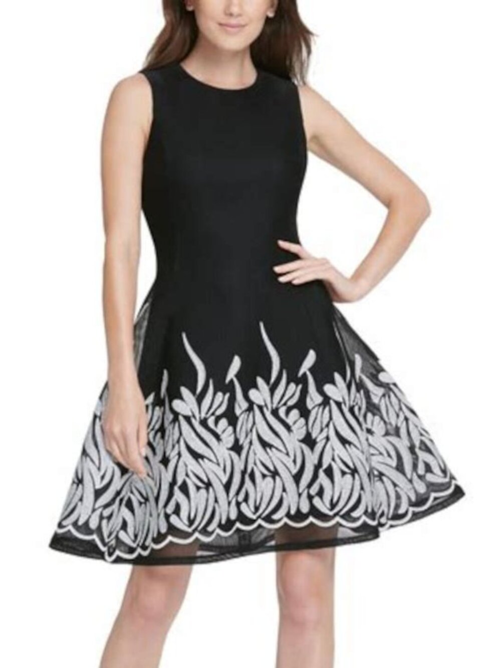 DKNY Embroidered Mesh Crew Neck Sleeveless Fit&Flare Dress Black/Ivory 16 white